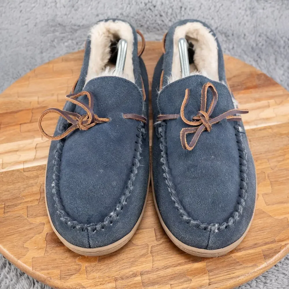 J.Crew Mens Moccasin Slippers‎ Size 12 Navy Blue Faux Fur Lined Comfort Shoes